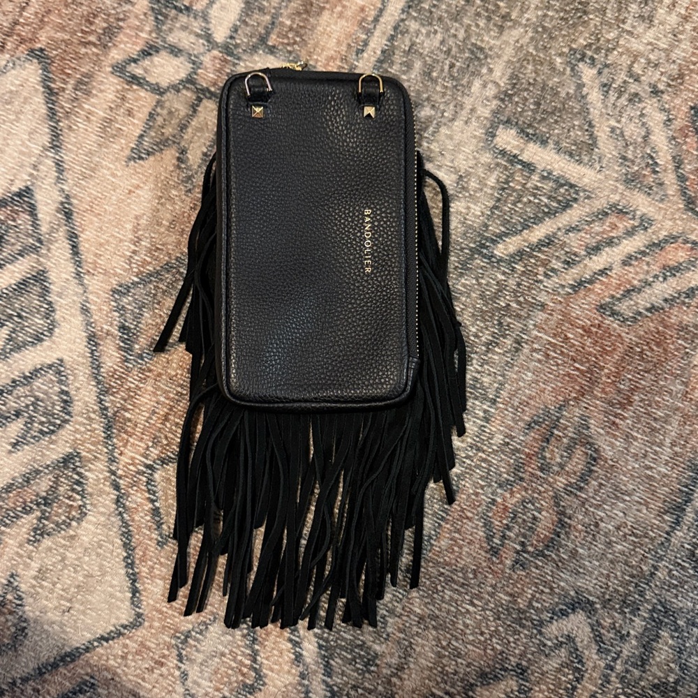 Bandolier Black Leather Fringe expanded pouch - gold hardware